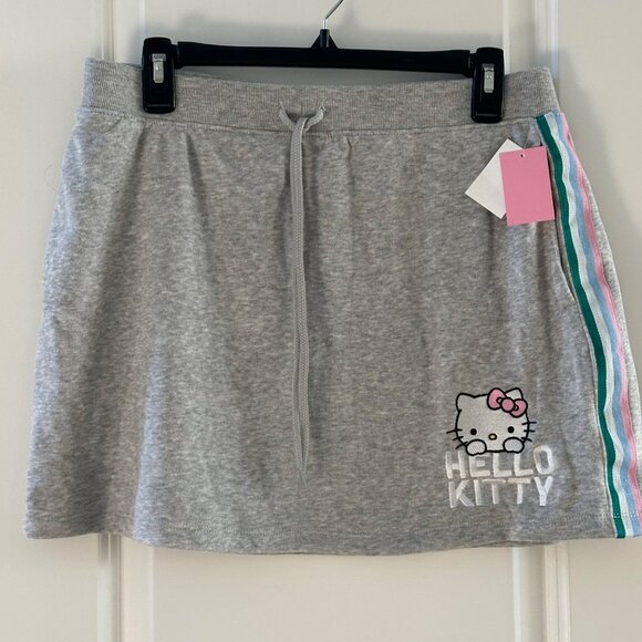 Hello Kitty Heather Grey Skirt With Pink & Teal Stripes Drawstring Waist Size L - Picture 1 of 6